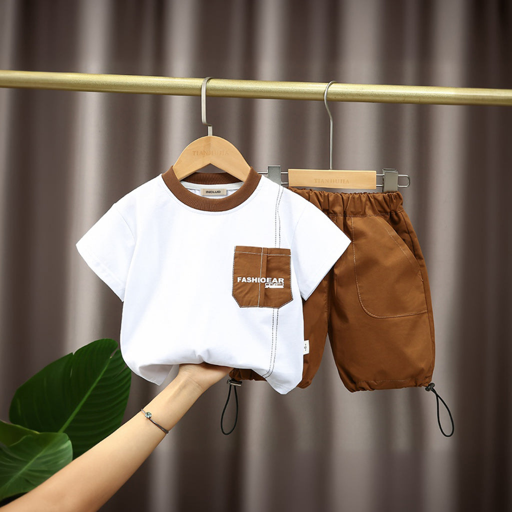 Boys Short Sleeve Contrast Pocket T-Shirt With Brown Shorts Set 2 pc. Sets Brown 1-2 Y