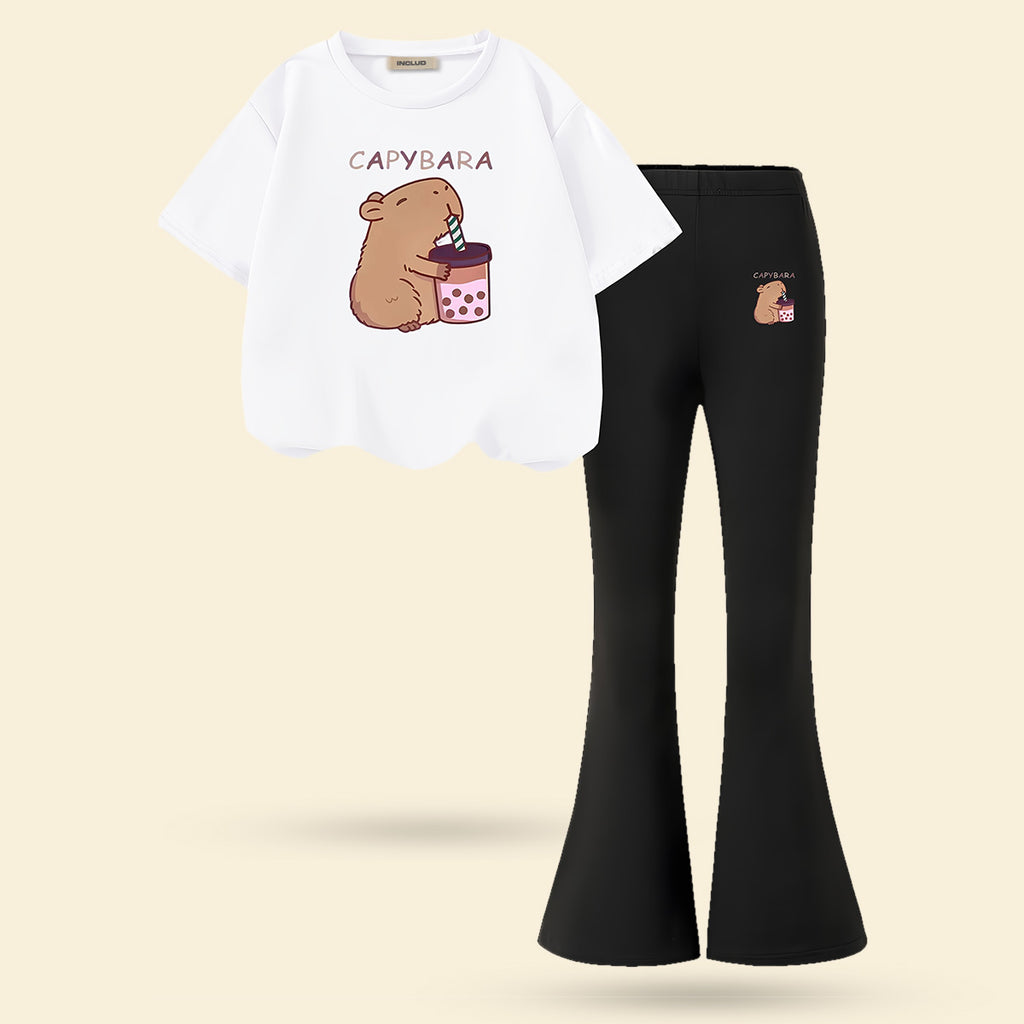 Girls White Hamster Print T-shirt with Black Flared Pants Set Sets White 7-8 Y