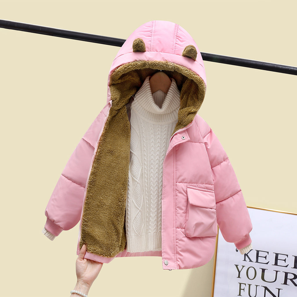 Girls Pink Solid Hooded Front Zipper Puffer Jacket Coats & Jackets Pink 1-2 Y