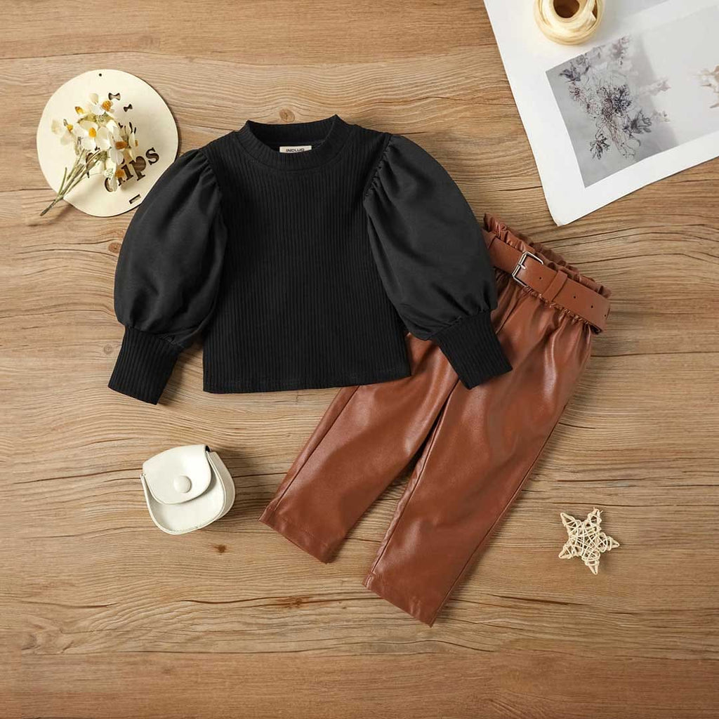 Girls Long Sleeve Top With PU Leather Pants Set 2 pc. Sets Black 1-2 Y 