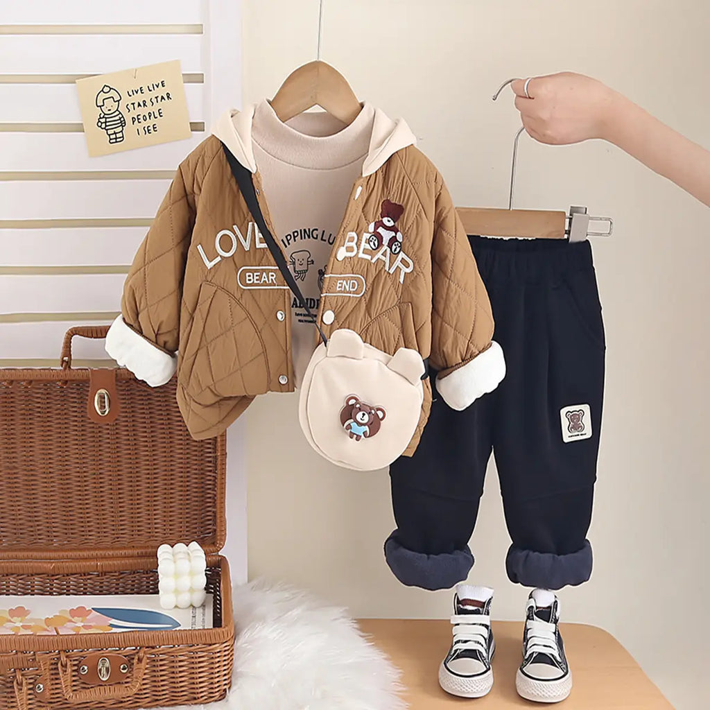 Boys Brown Typographic Printed Hooded Jacket With T-Shirt & Jogger Sets Sets Brown 1-2 Y