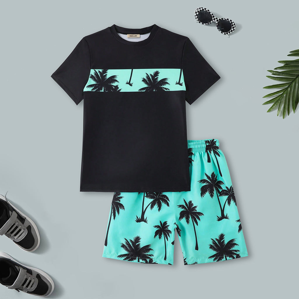 Boys Black Short Sleeves T-Shirt With Sea Green Tropical Printed Shorts Set 2 pc. Sets Sea Green 7-8 Y