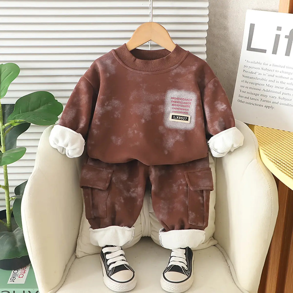 Boys Brown Printed Regular Sweatshirt With Pants Sets 2 pc. Sets Brown 1-2 Y