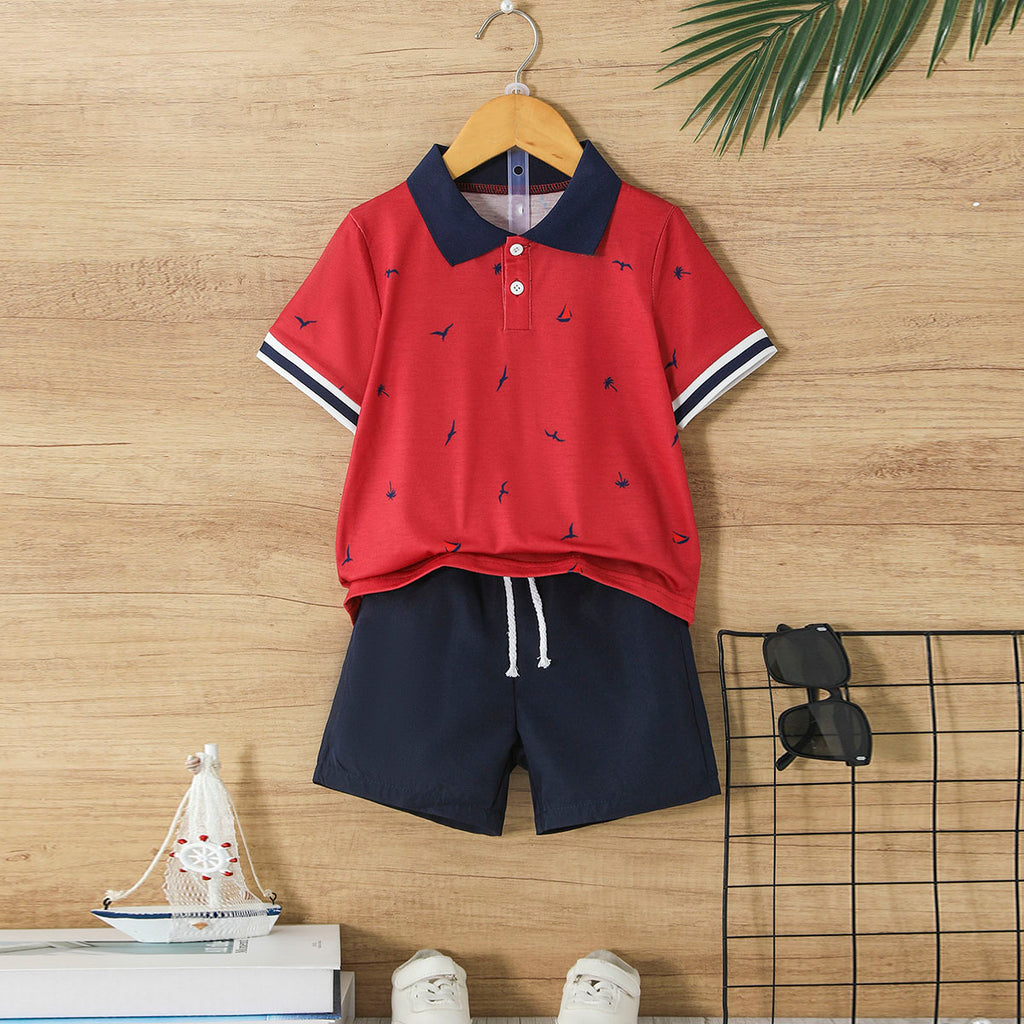 Boys Red Printed Short Sleeves Polo T-Shirt With Shorts Set 2 pc. Sets Red 3-4 Y