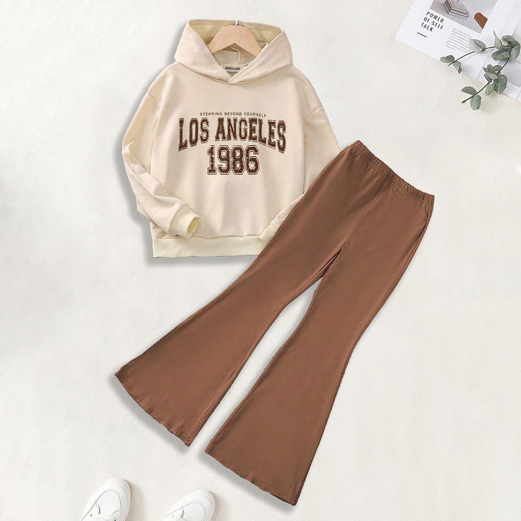 Girls Apricot Alphanumeric Printed Hooded Sweatshirt With Pants sets 2 pc. Sets Apricot 7-8 Y