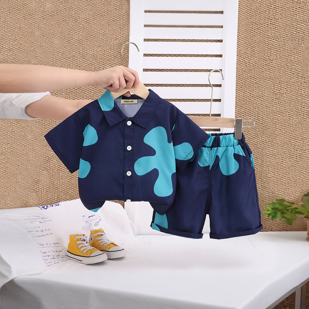 Boys Navy Blue Printed Short Sleeve Shirt With Shorts Set 2 pc. Sets Navy Blue 1-2 Y