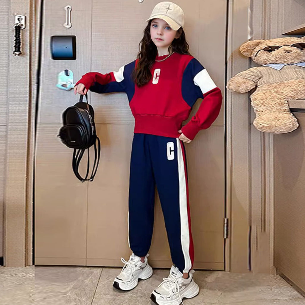 Girls Red Color-blocked Sweatshirt With Jogger Winter Set 2 pc. Sets Red 5-6 Y