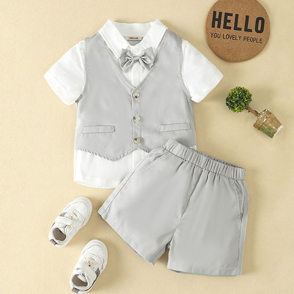 Boys Grey Waist Coat With Short Sleeve Shirt And Shorts Set 3 pc. Sets Grey 1-2 Y