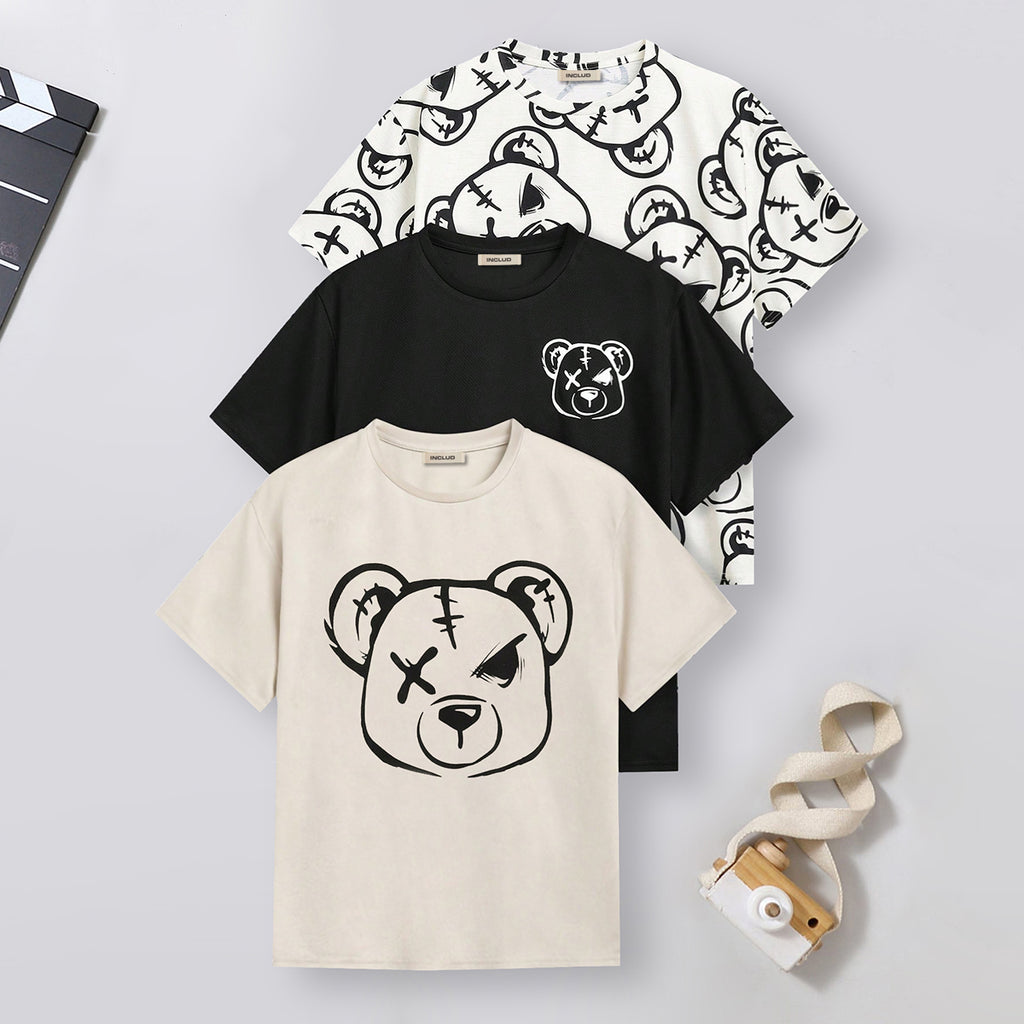 Boys Multicolor Bear Print Short Sleeve T-Shirt ( Pack Of 3 ) Tshirts