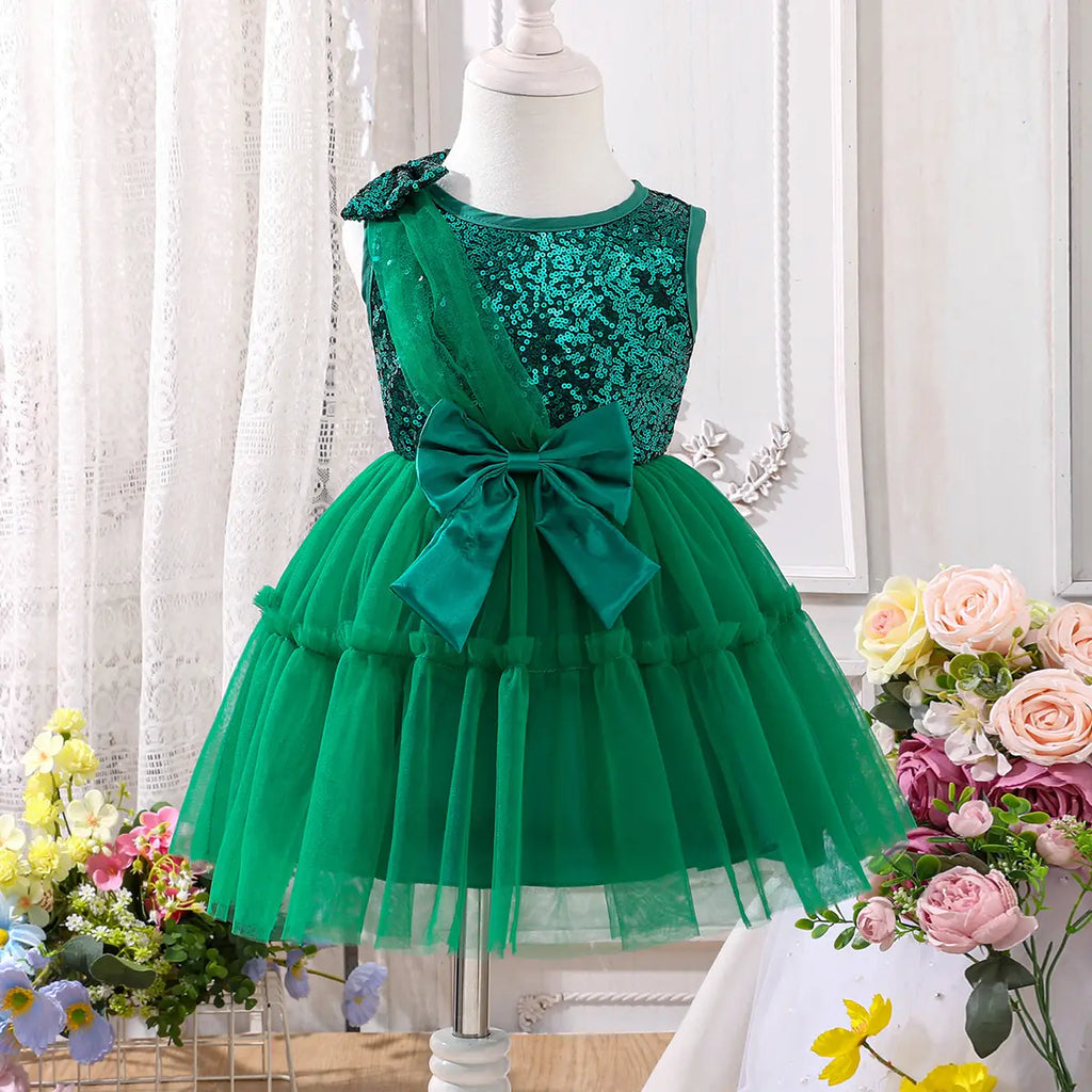 Girls Green Sequined Fit & Flare Party Wear Dress Party Dresses Green 1-2 Y
