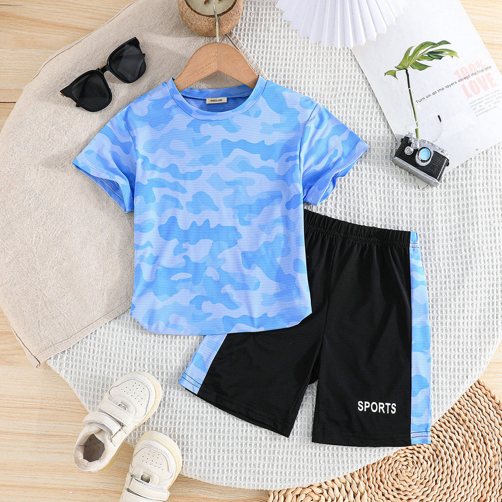 Boys Sky Blue Camouflage Printed Short Sleeve T-Shirt With Shorts Set 2 pc. Sets Sky Blue 3-4 Y