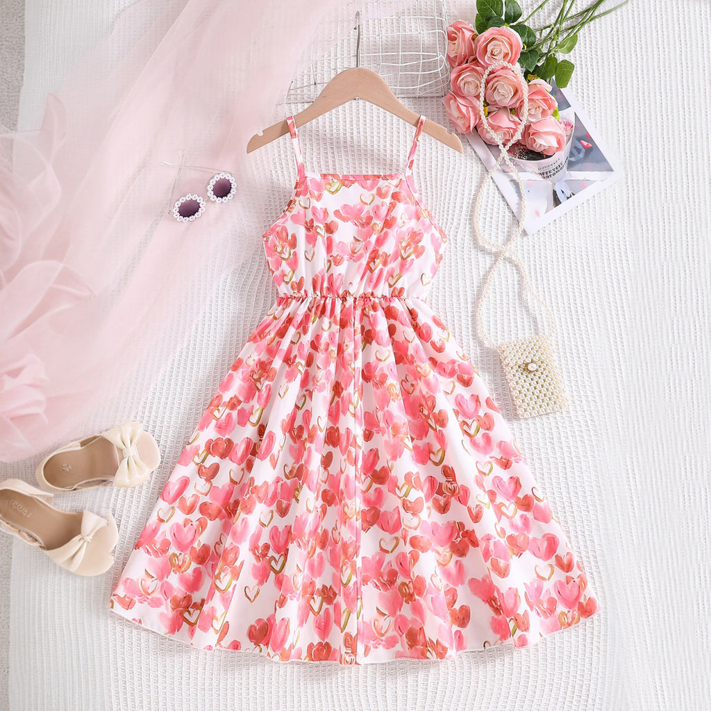 Girls Light Pink Heart Print Sleeveless Fit & Flare Casual Dress Casual Dresses Light Pink 3-4 Y