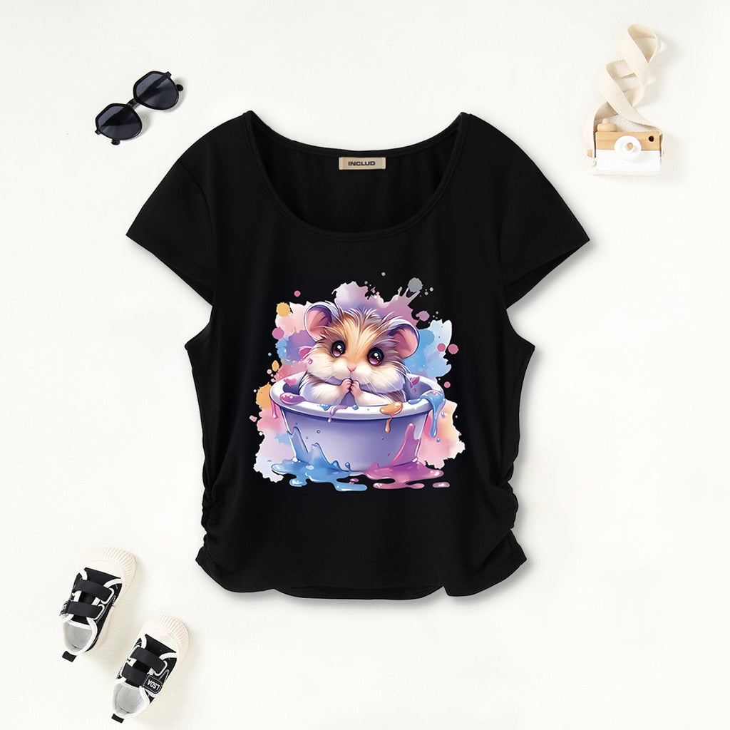 Girls Black Hamster Graphic Short Sleeves Scoop Neck T-Shirt Tshirts Black 7-8 Y