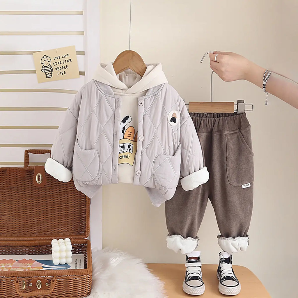 Boys Grey Quilted Button-down Jacket With Hoodie & Jogger Sets Sets Grey 1-2 Y