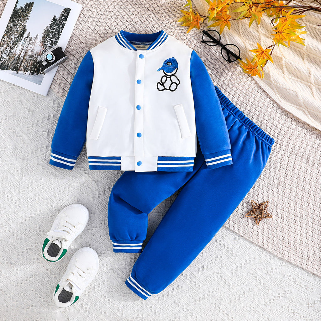 Boys Royal Blue-White Varsity Jacket with Joggers Co-ord Set Sets Blue 3-4 Y