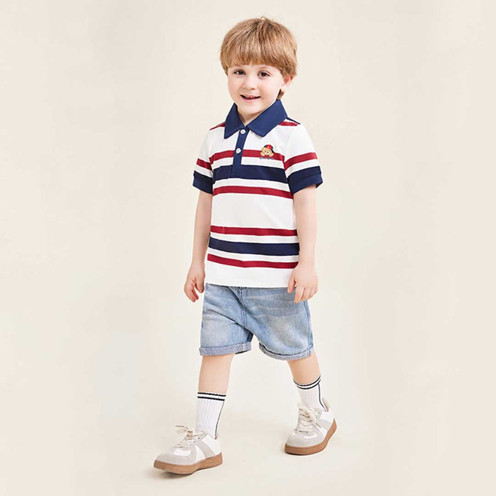 Boys Short Sleeve Striped Polo T-Shirt Tshirts Red 1-2 Y 