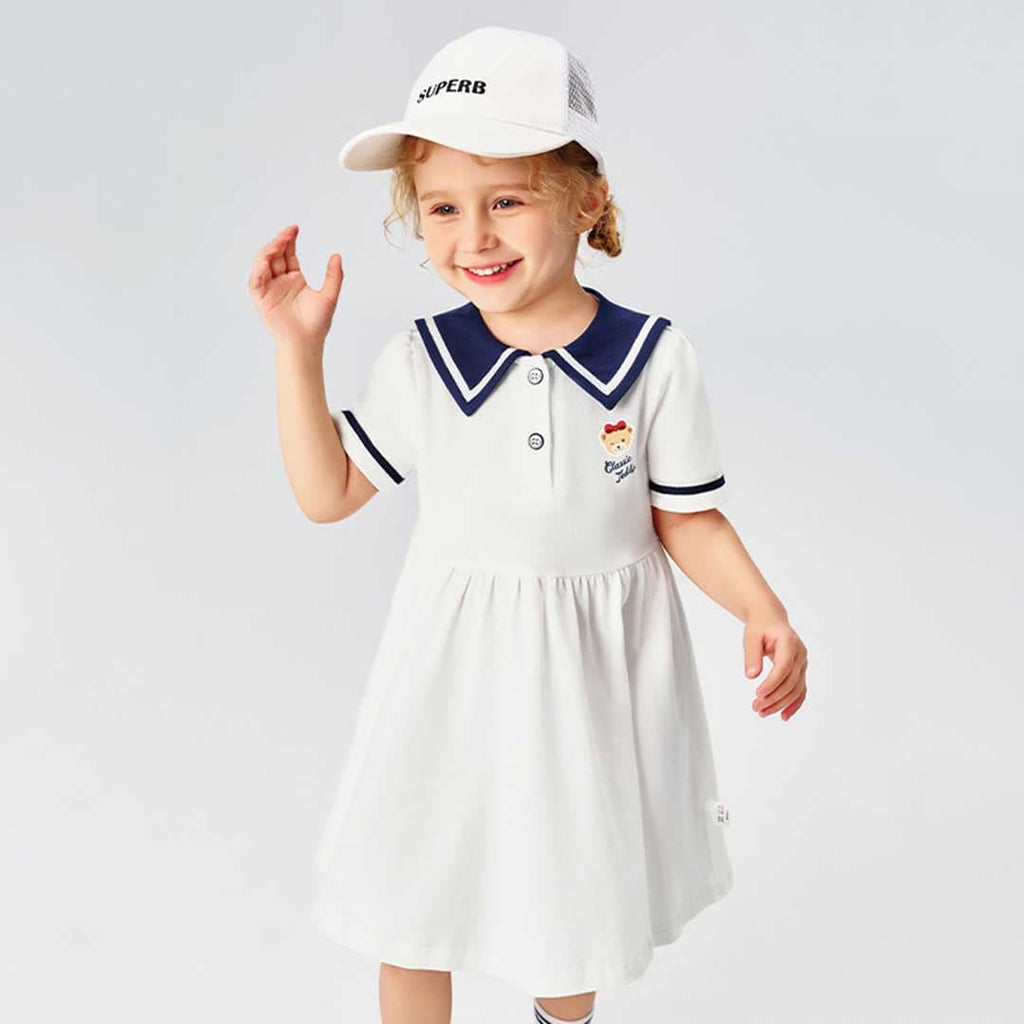 Girls Peter Pan Collar Short Sleeve Dress Casual Dresses White 1-2 Y 
