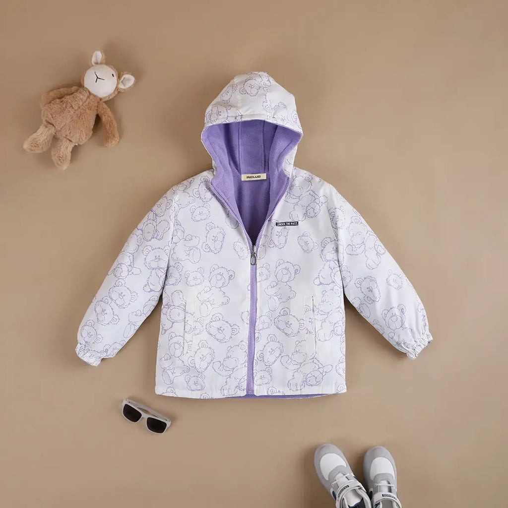 Girls Purple Bear Printed Reversible Hooded Zipper Jacket Coats & Jackets Purple 3-4 Y