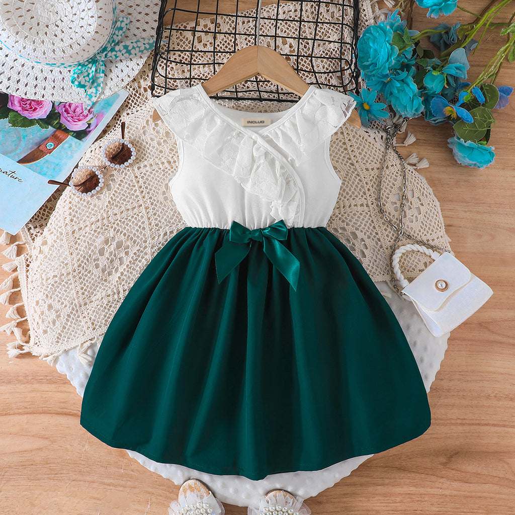 Girls Green Sleeveless Lace Neck Fit And Flared Dress With Bow Casual Dresses Green 2-3 Y