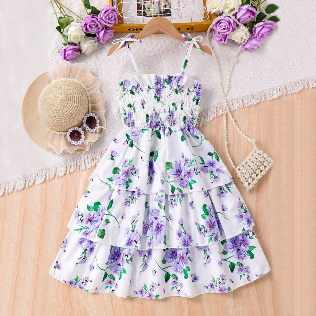 Girls Purple Floral Printed Sleeveless Smocked Fit & Flare Casual Dress Casual Dresses Purple 3-4 Y