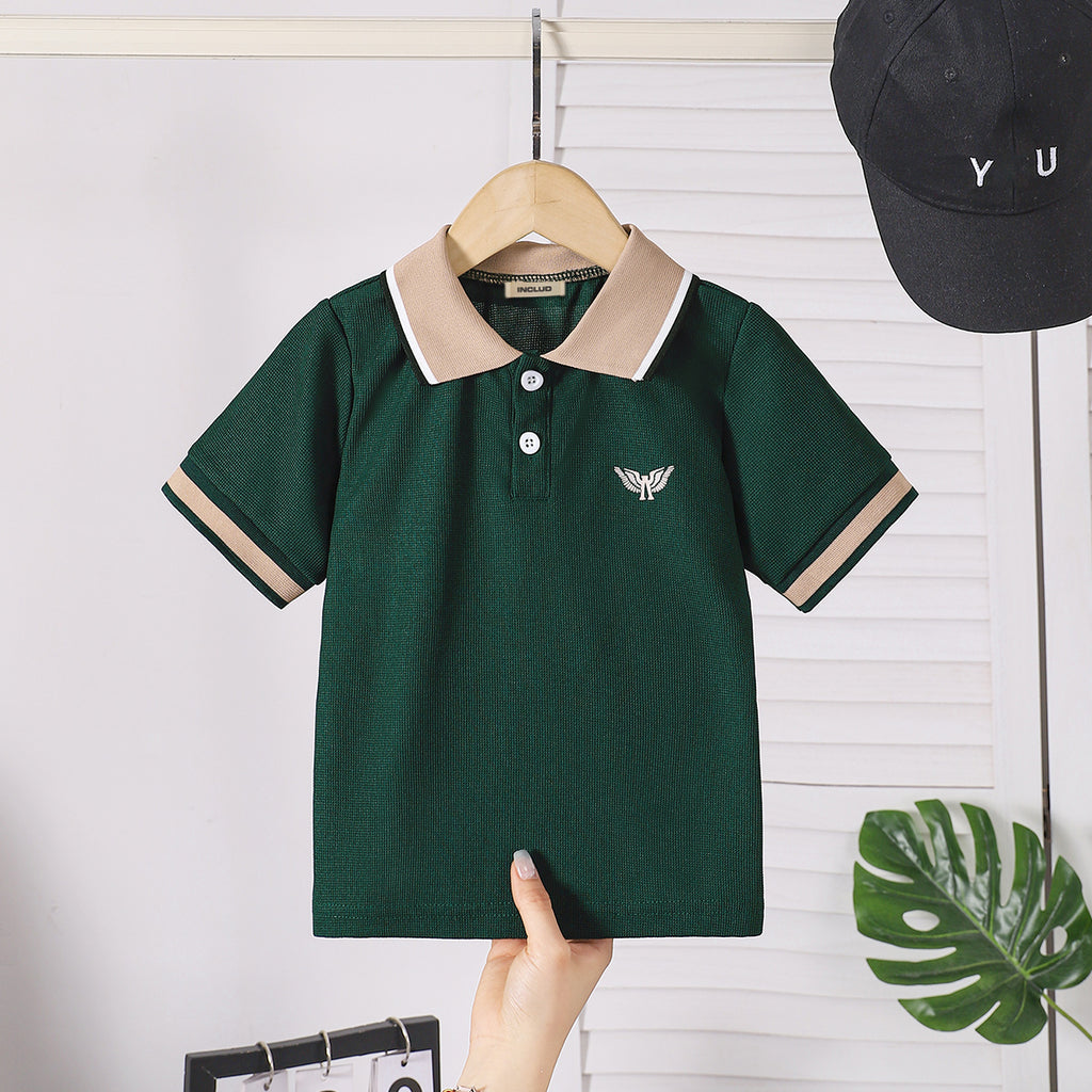 Boys Green Short Sleeves Rib Cuff Polo T-Shirt Tshirts Green 3-4 Y