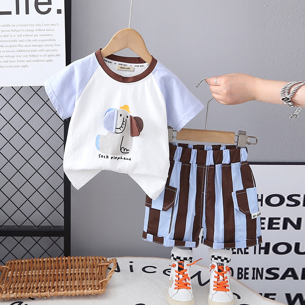 Boys Light Blue Elephant Printed Raglan Sleeves T-Shirt With Striped Shorts Set 2 pc. Sets Light Blue 1-2 Y