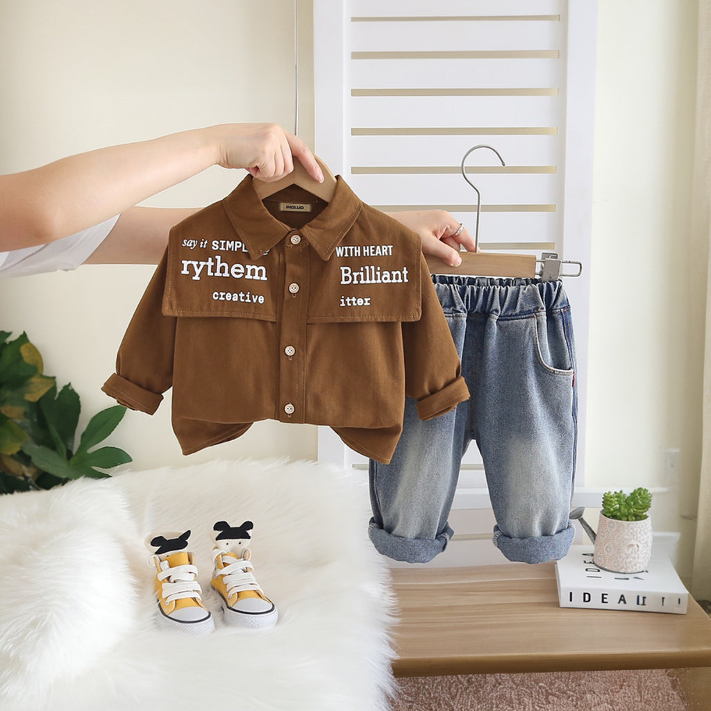Boys Brown Typographic Printed Shirt With Denim Pants Set 2 pc. Sets Brown 1-2 Y