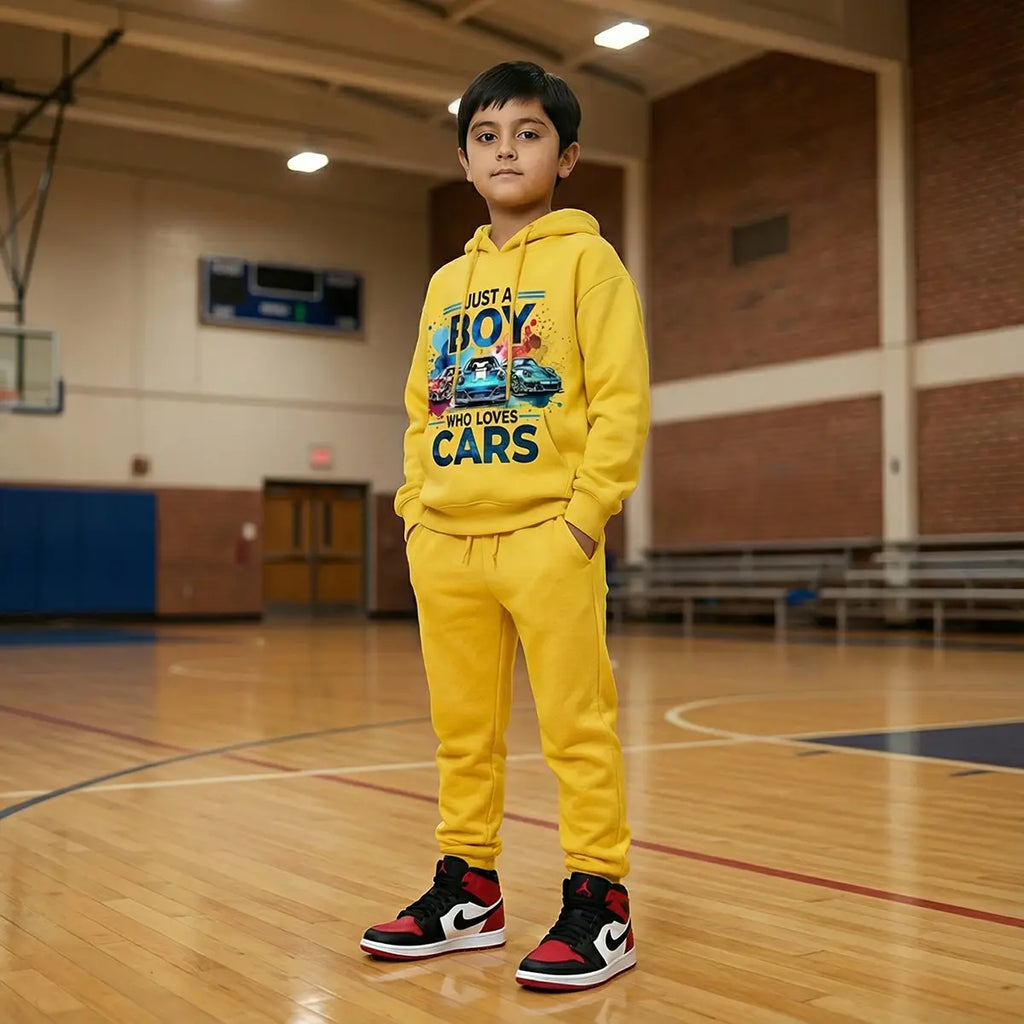 Boys Yellow Car Graphics Hoodies Sweatshirt With Joggers Sets 2 pc. Sets Yellow 1-2 Y
