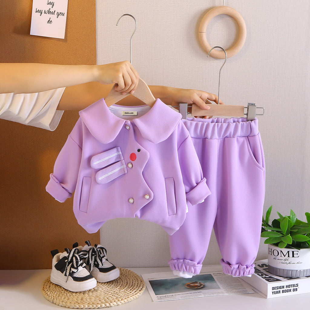 Girls Purple Solid Jacket With Joggers Co-ord Set 2 pc. Sets Purple 1-2 Y