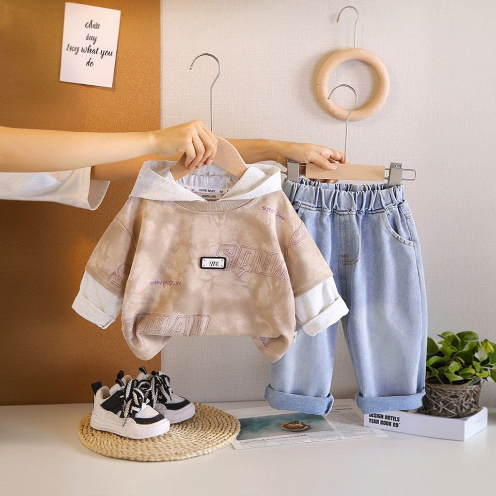 Boys Khaki Abstract Printed Hooded Sweatshirt With Denim Trousers Sets 2 pc. Sets Khaki 1-2 Y