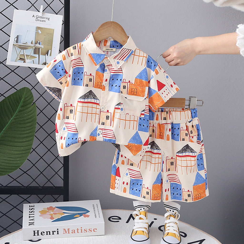Boys Apricot Printed Short Sleeve Shirt With Shorts Set 2 pc. Sets Apricot 1-2 Y