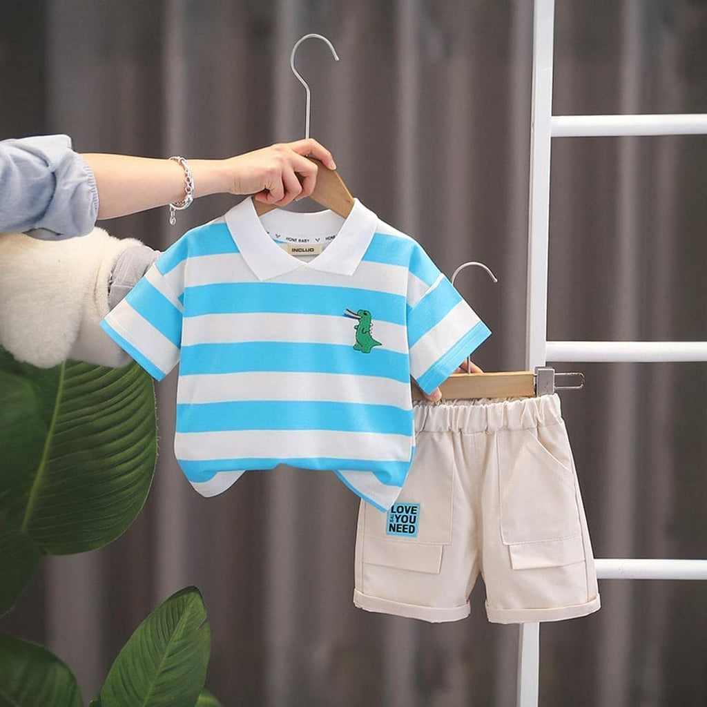 Boys Blue Dinosaur Printed Polo T-Shirt With Shorts (Copy) 2 pc. Sets Blue 1-2 Y