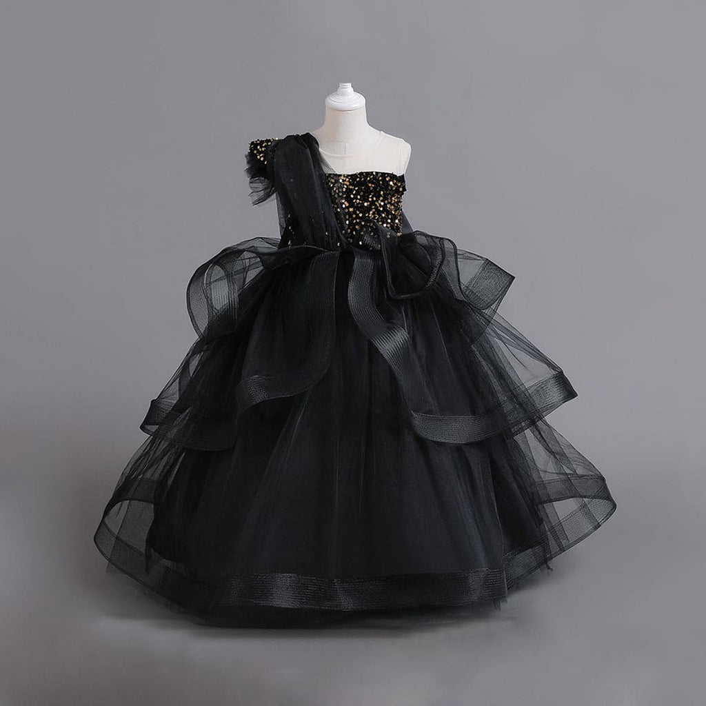 Girls Sequins Embellished Party Wear Dress With Bow Party Dresses Black 6-7 Y 