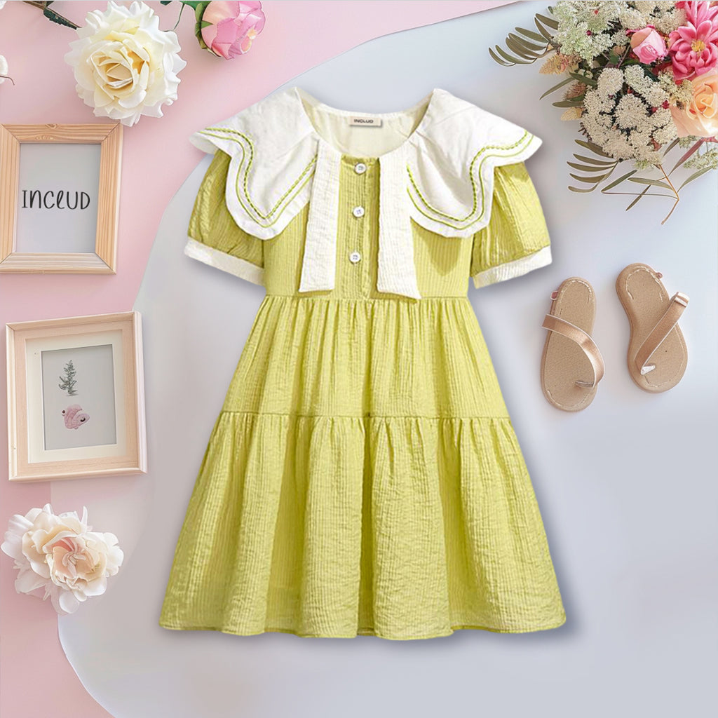 Girls Short Sleeve Peter Pan Big Collar Dress Casual Dresses Yellow 4-5 Y 