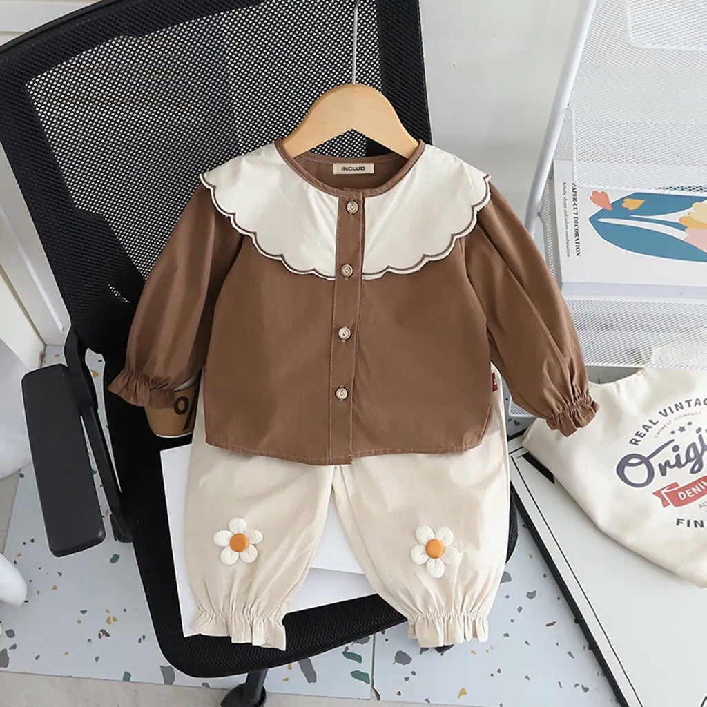 Girls Brown Puff Sleeves Top with Pants Set 2 pc. Sets Brown 1-2 Y