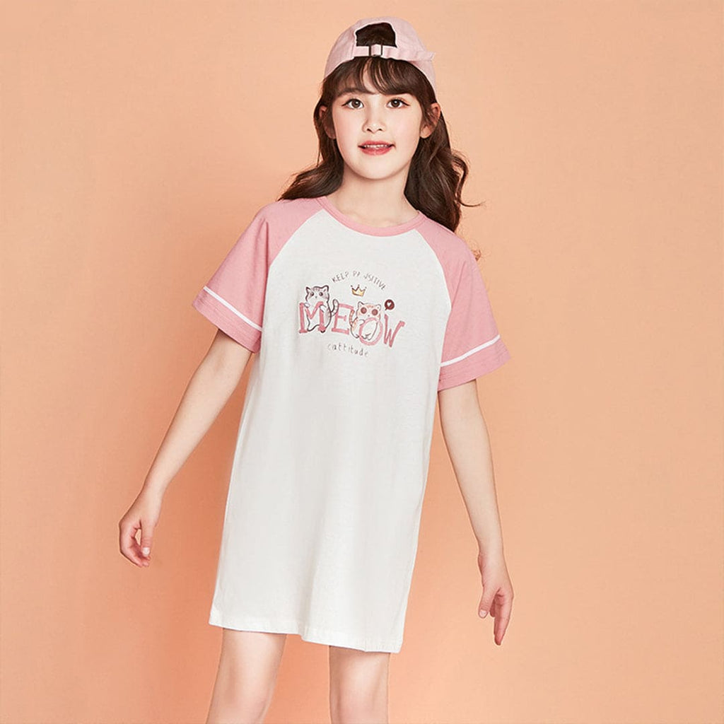 Girls Raglan Sleeves Printed T-shirt Dress Casual Dresses Pink 4-5 Y 