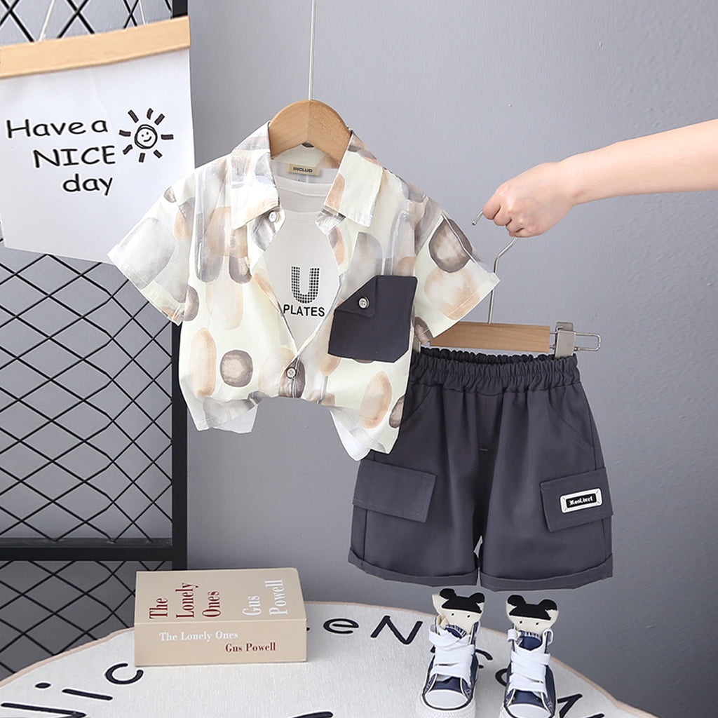 Boys Grey Printed Short Sleeves Shirt With T-Shirt And Shorts Set Sets Grey 1-2 Y