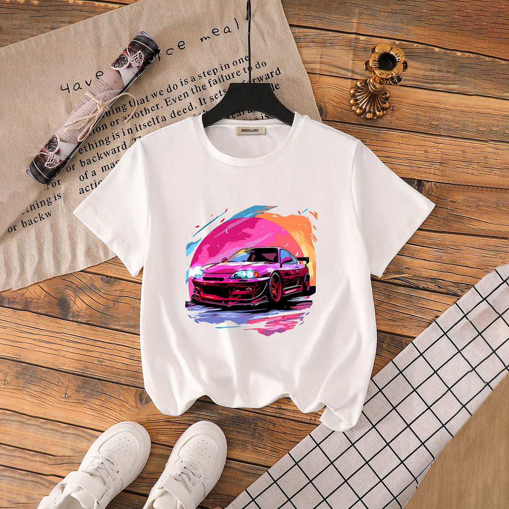 Girls White Car Printed Short Sleeves T-Shirt Tshirts White 7-8 Y