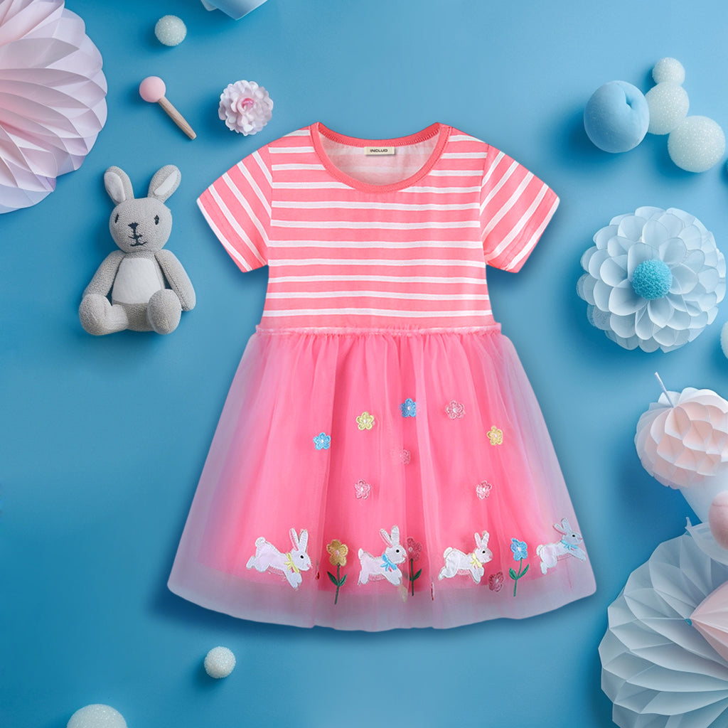 Girls Striped Cartoon Embroidery Dress Casual Dresses Pink 1-2 Y 