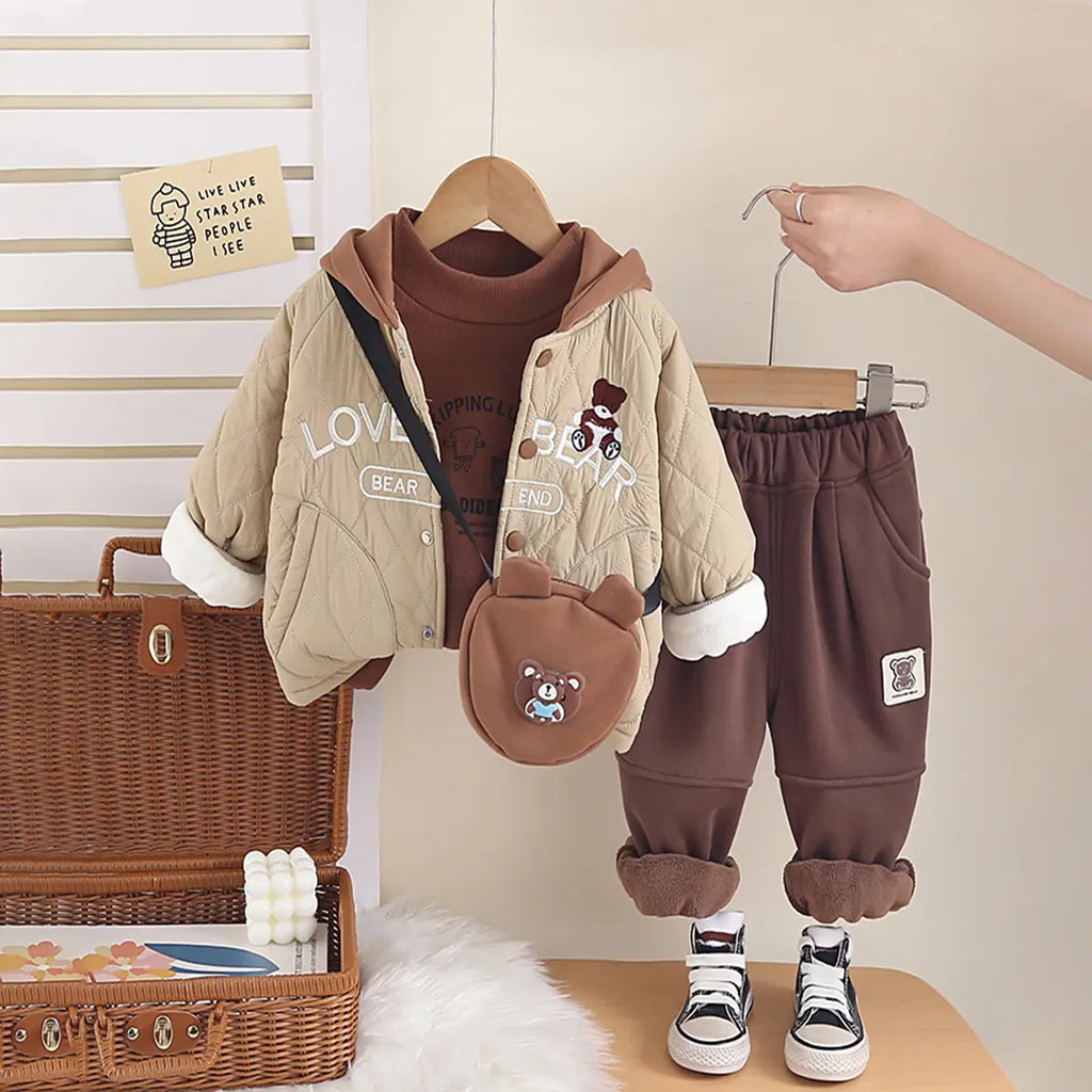 Boys Khaki Typographic Printed Hooded Jacket With T-Shirt & Jogger Sets Sets Khaki 1-2 Y