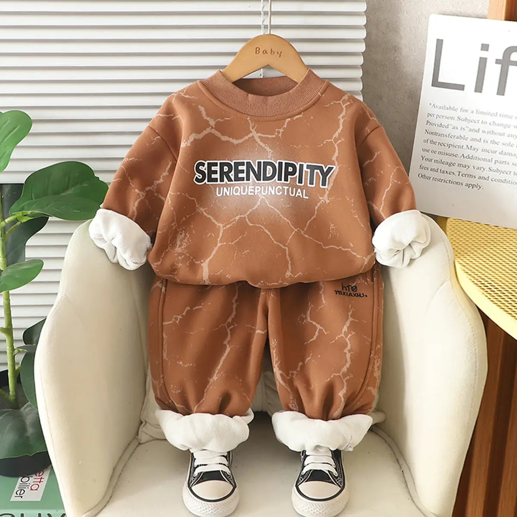 Boys Brown Printed Regular Sweatshirt With Pants Sets 2 pc. Sets Brown 1-2 Y