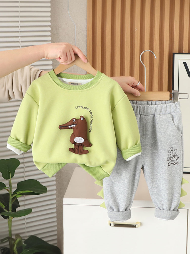 Boys Green Crocodile Applique Sweatshirt With Pants Set 2 pc. Sets Green 1-2 Y