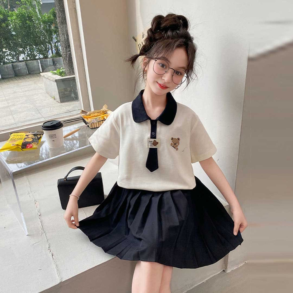 Girls Short Sleeve Polo T-Shirt With Pleated Skirt Set Sets Black 6-7 Y 