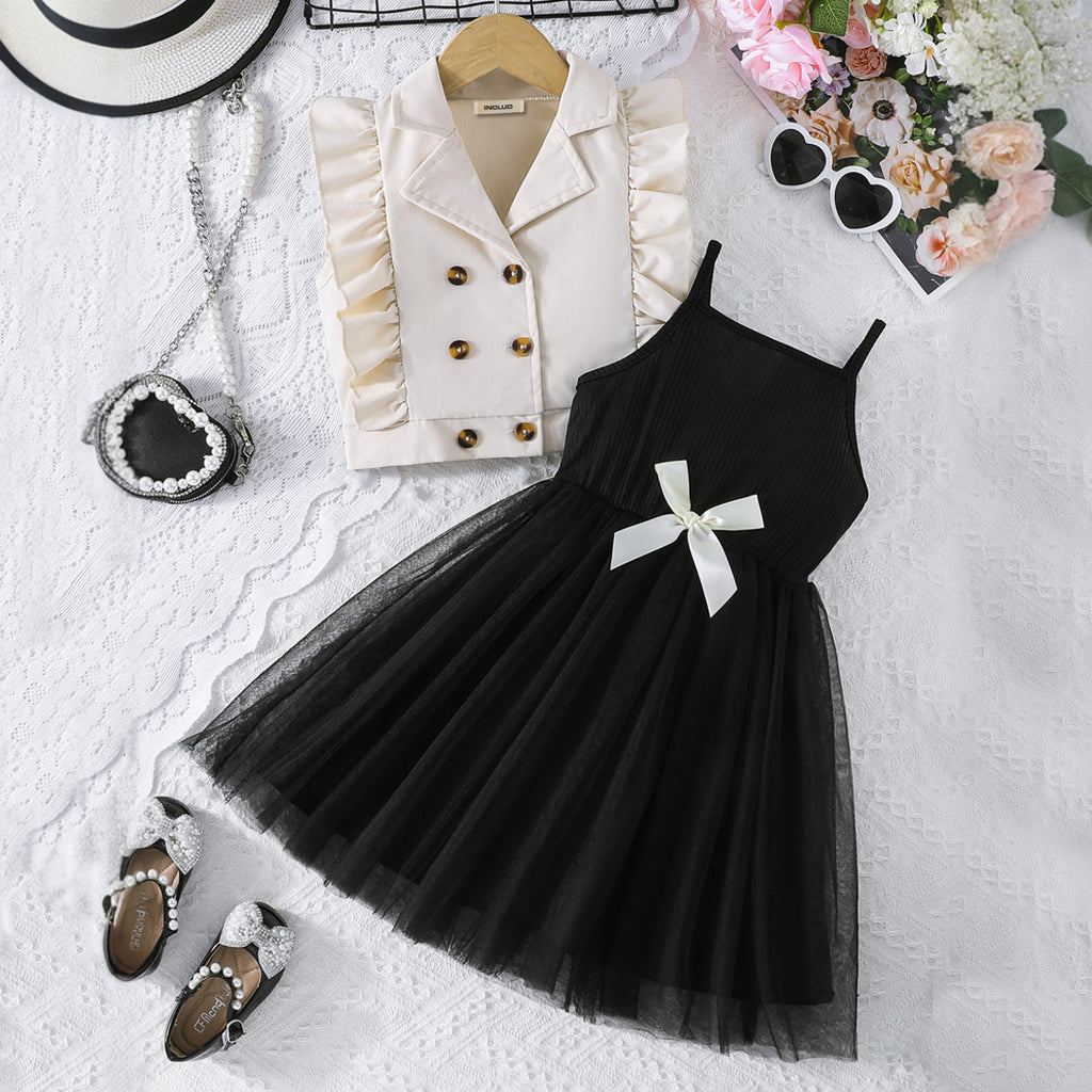 Girls Lapel Collar Top With Black Sleeveless Dress Casual Dresses Black 3-4 Y