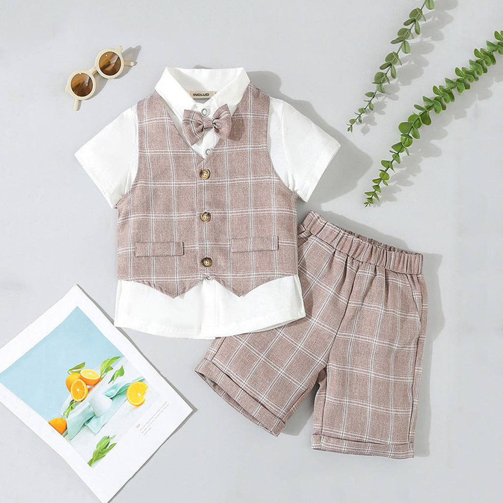 Boys Light Brown Checked Waistcoat With Short Sleeve Shirt And Shorts Set 3 pc. Sets Light Brown 1-2 Y