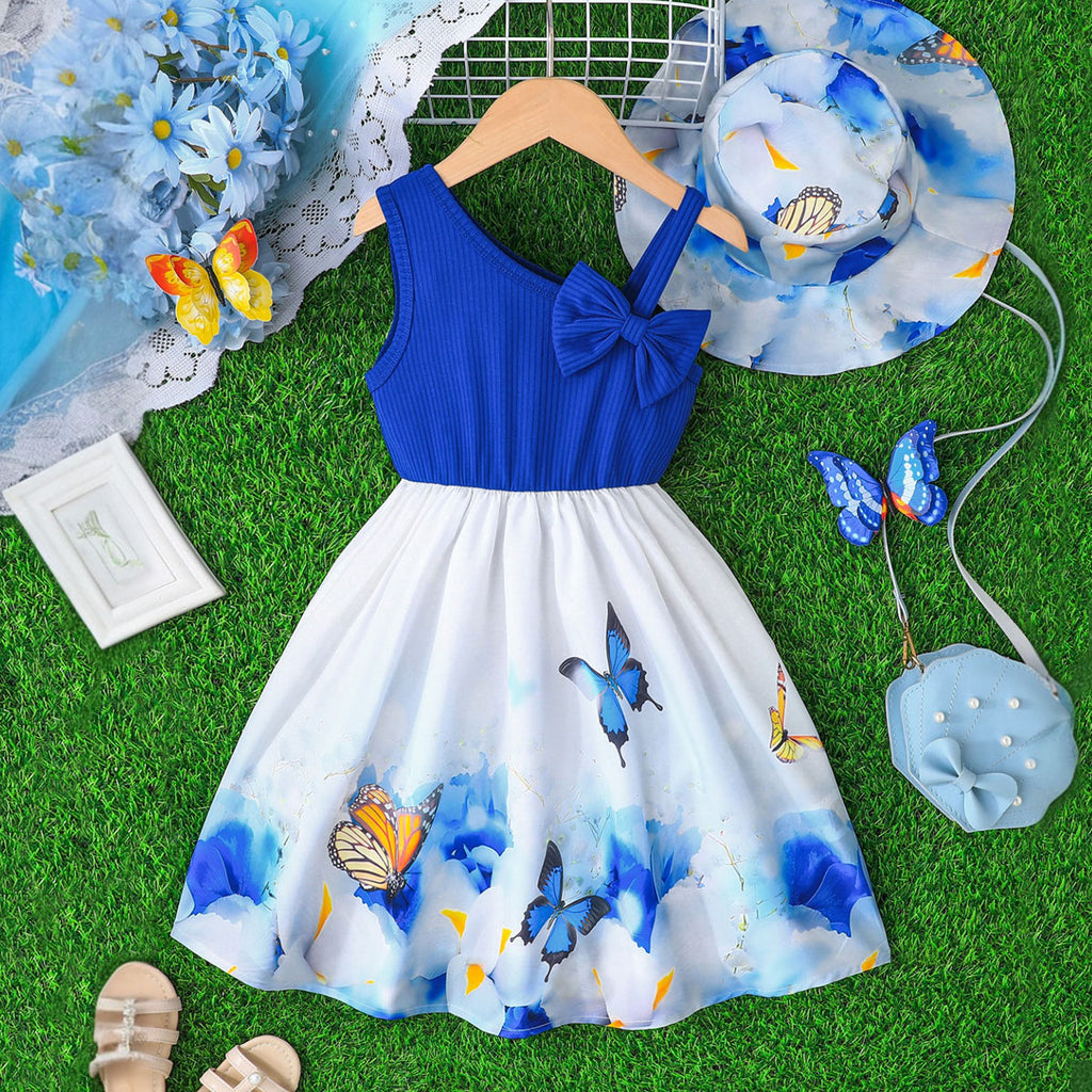 Girls Blue Butterfly Printed One Shoulder Sleeveless Dress Casual Dresses Blue 3-4 Y
