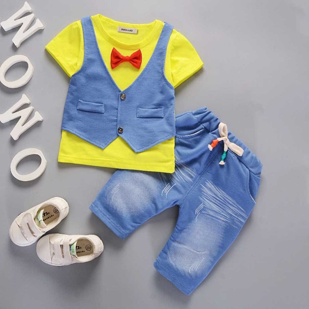 Boys T-shirt with Attached Waistcoat & Denims Set Sets Yellow 1-2 Y 