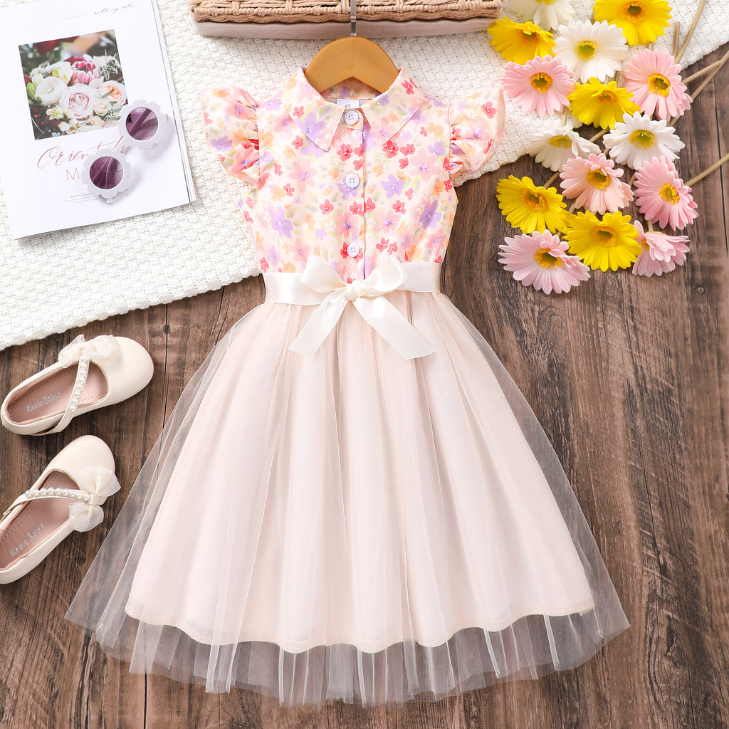 Girls Pink Floral Printed Flared Sleeve Shirt Dress With Belt Casual Dresses Pink 2-3 Y