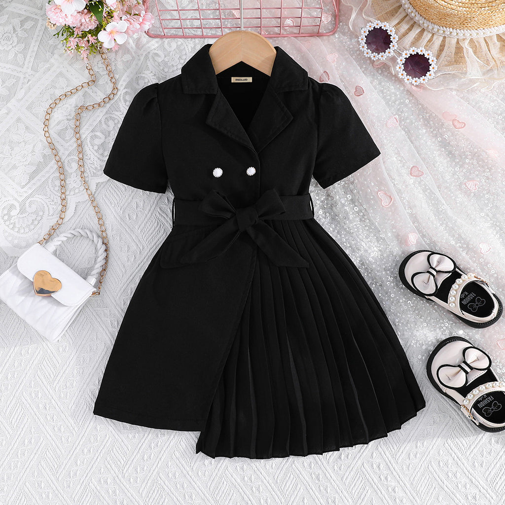 Girls Black Short Sleeve Fit & Flare Pleated Dress Casual Dresses Black 2-3 Y