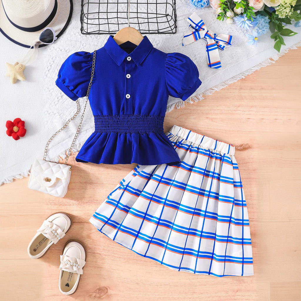 Girls Blue Smocked Puff Sleeves Top With Skirts Set 2 pc. Sets